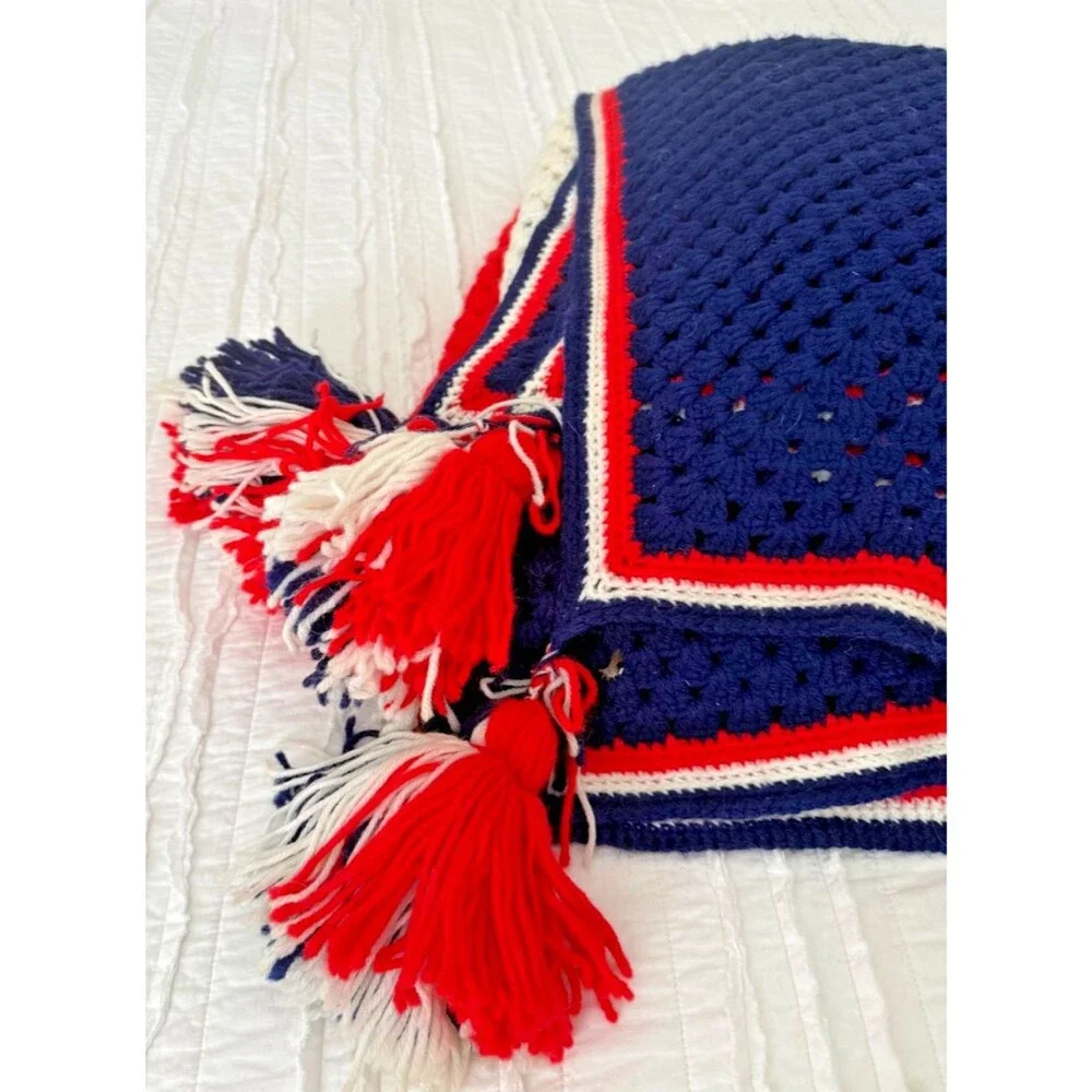 Vintage Large Crochet Afghan Blanket Throw Handmade 100” x 104” Red White & Blue